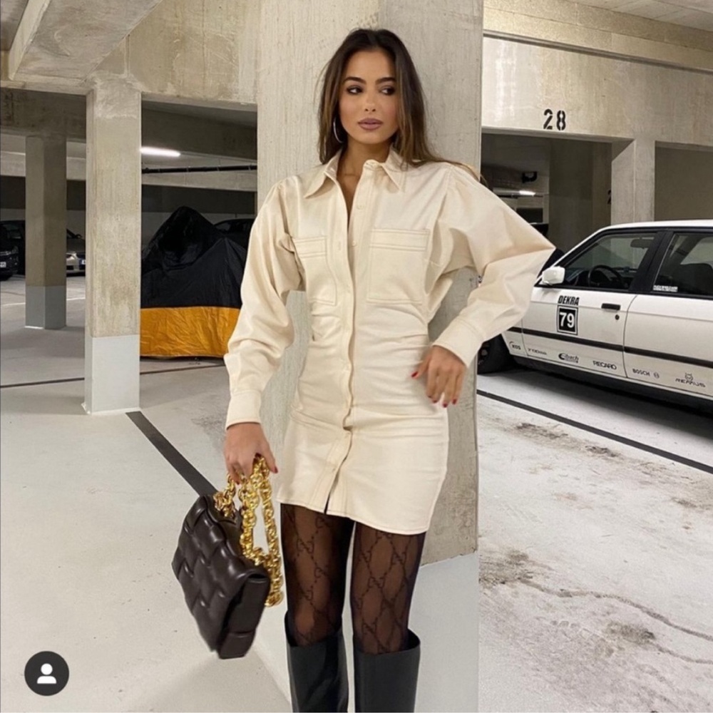 Women's Zara Ruched Button Down Ivory Cotton Mini Denim Dress SMALL